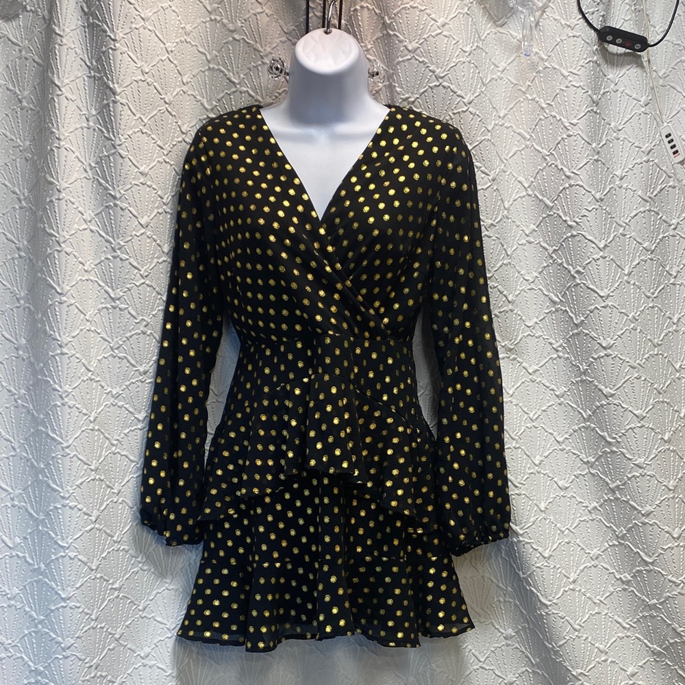 Altar'd State size XS Black Dress with Gold Shimmer Polka Dots‎ long sleeve